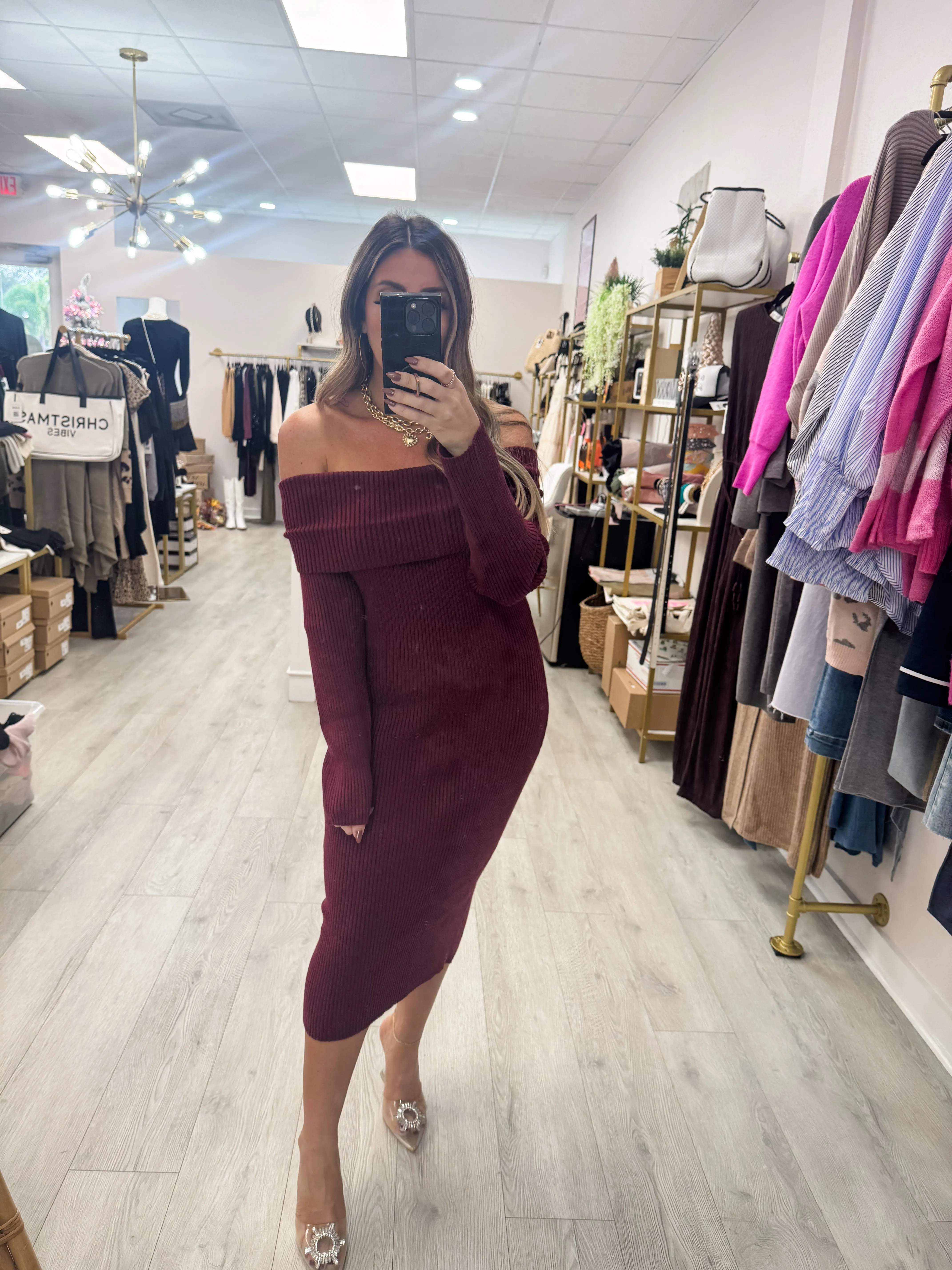 Off Shoulder Ribbed Knit Bodycon Dress