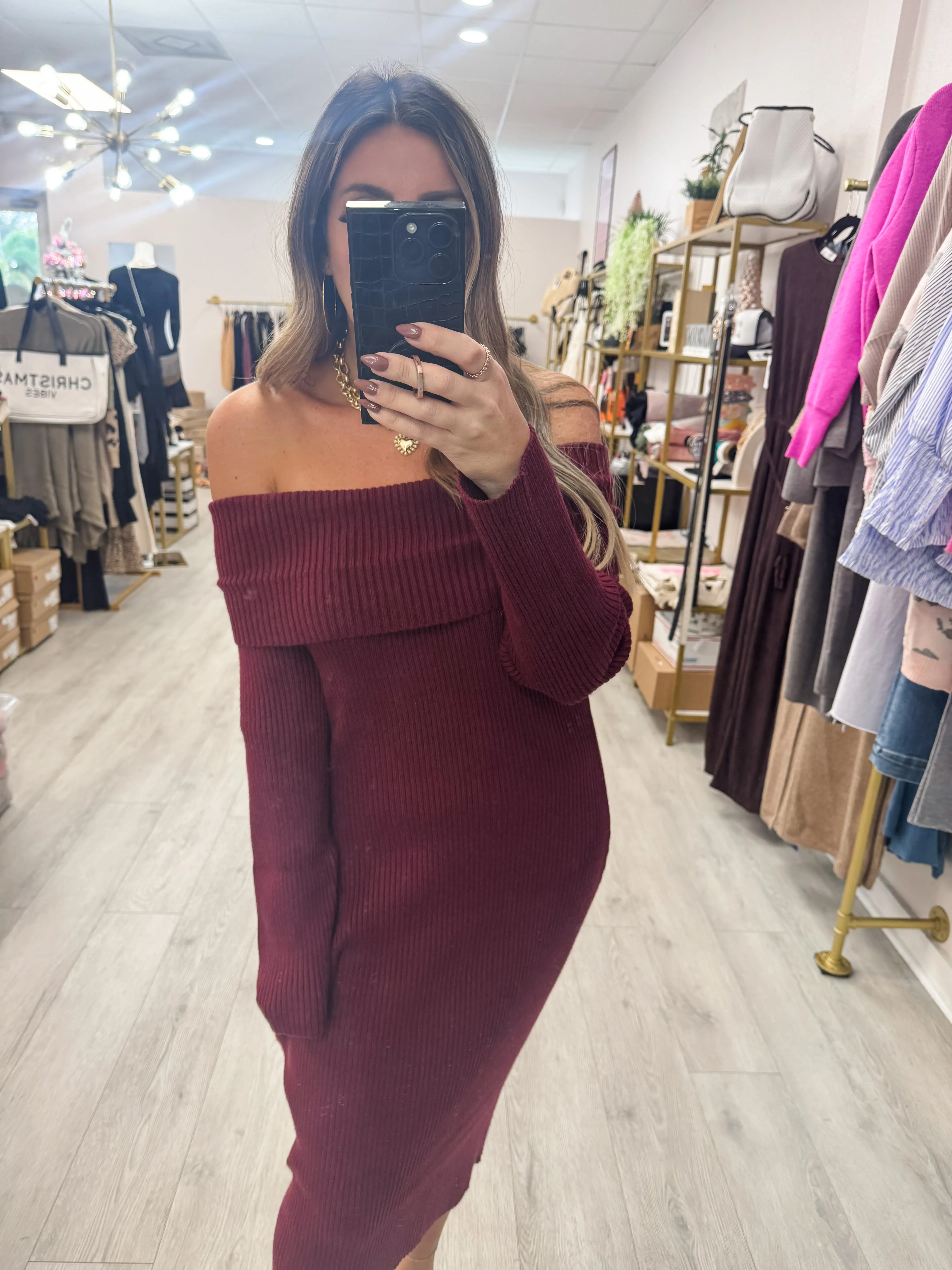 Off Shoulder Ribbed Knit Bodycon Dress