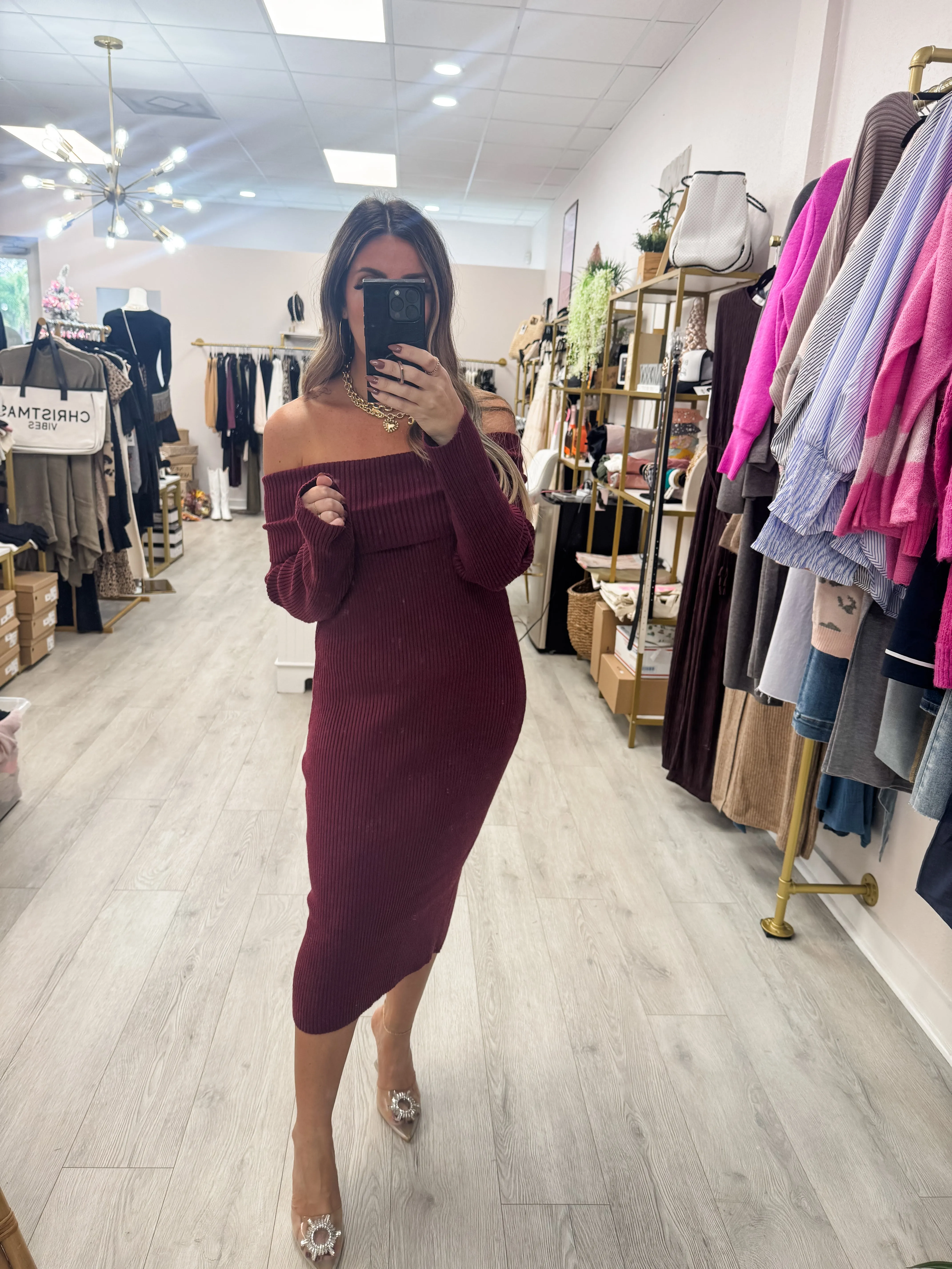 Off Shoulder Ribbed Knit Bodycon Dress