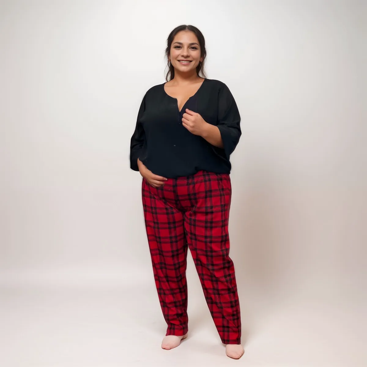 ROCKTHOSECURVES RED TARTAN ELASTIC WAIST TROUSERS