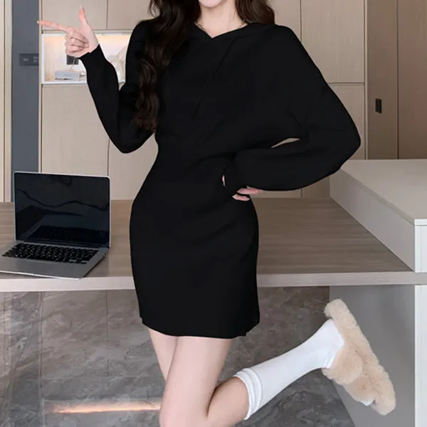 Temperament Hooded Sweatshirt Knitted Sweater Dress