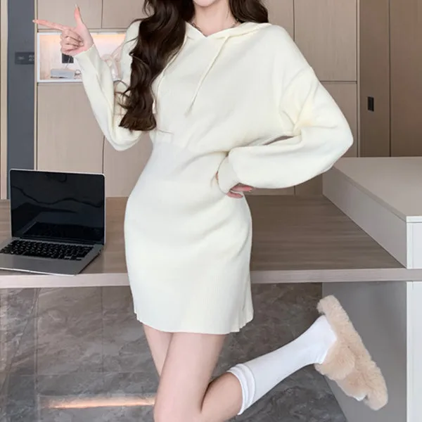 Temperament Hooded Sweatshirt Knitted Sweater Dress