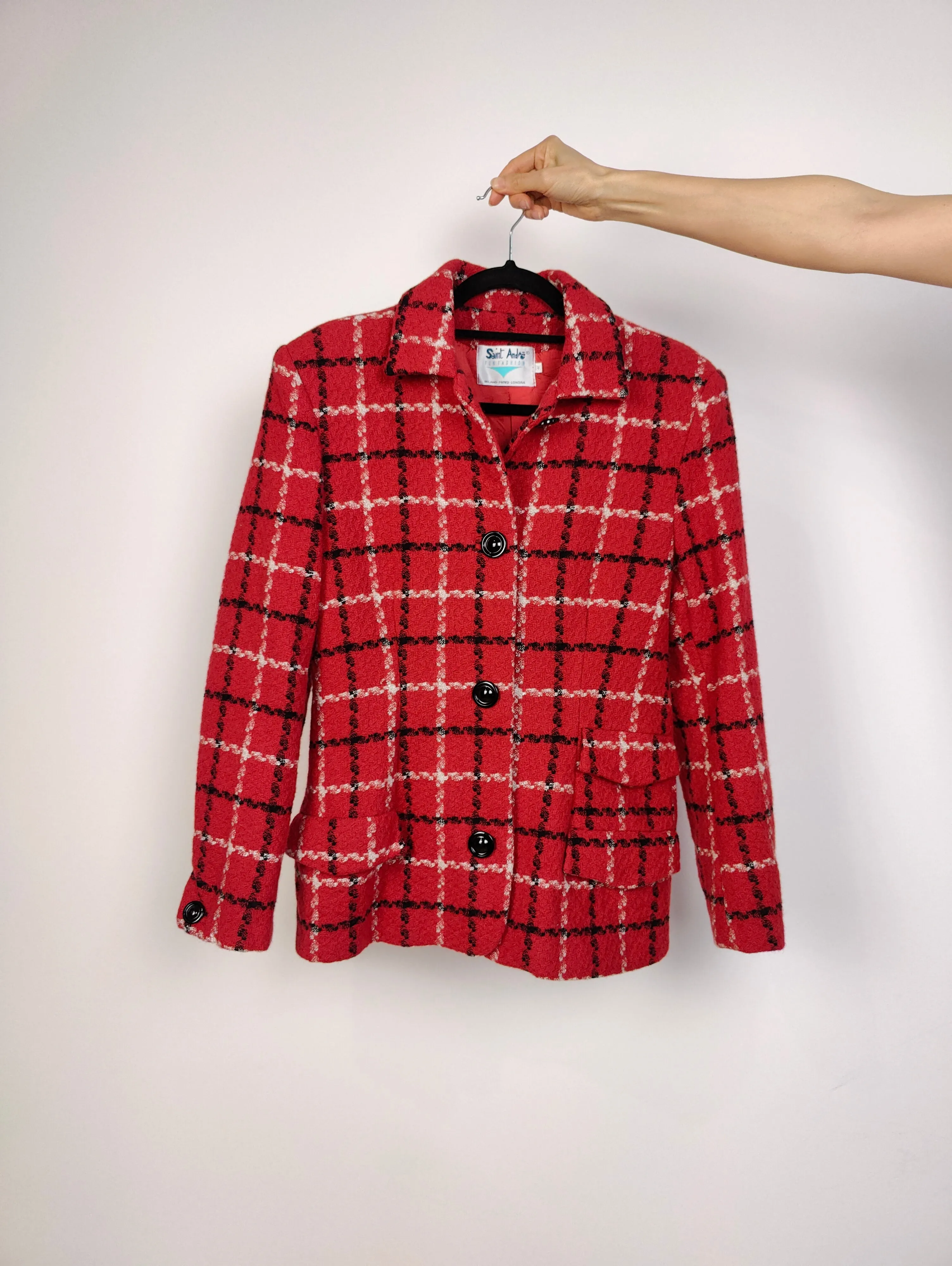 The Red Wool Plaid Blazer | Vintage wool blend jacket red black white tartan check checkered tweed look Italy S