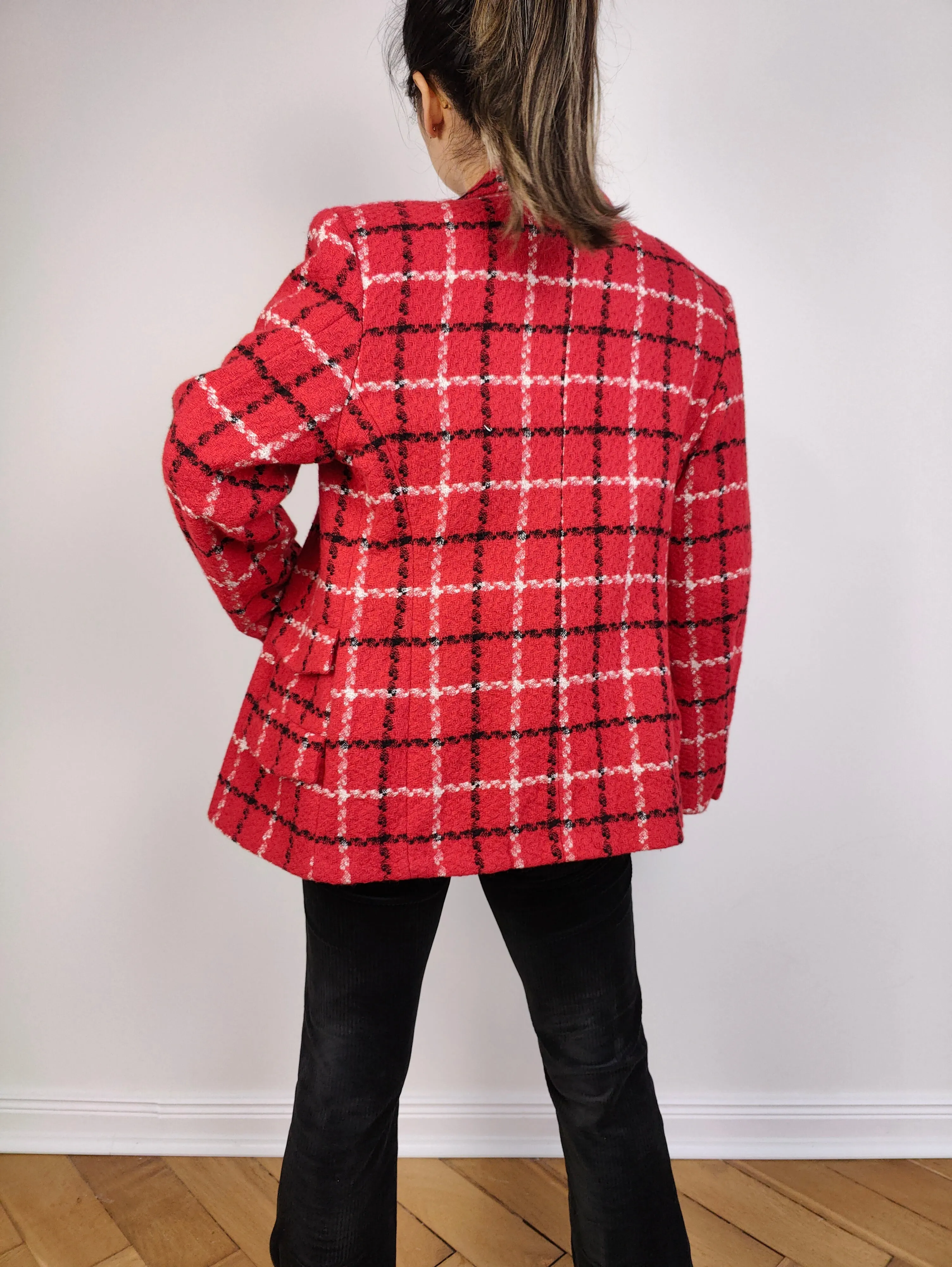 The Red Wool Plaid Blazer | Vintage wool blend jacket red black white tartan check checkered tweed look Italy S
