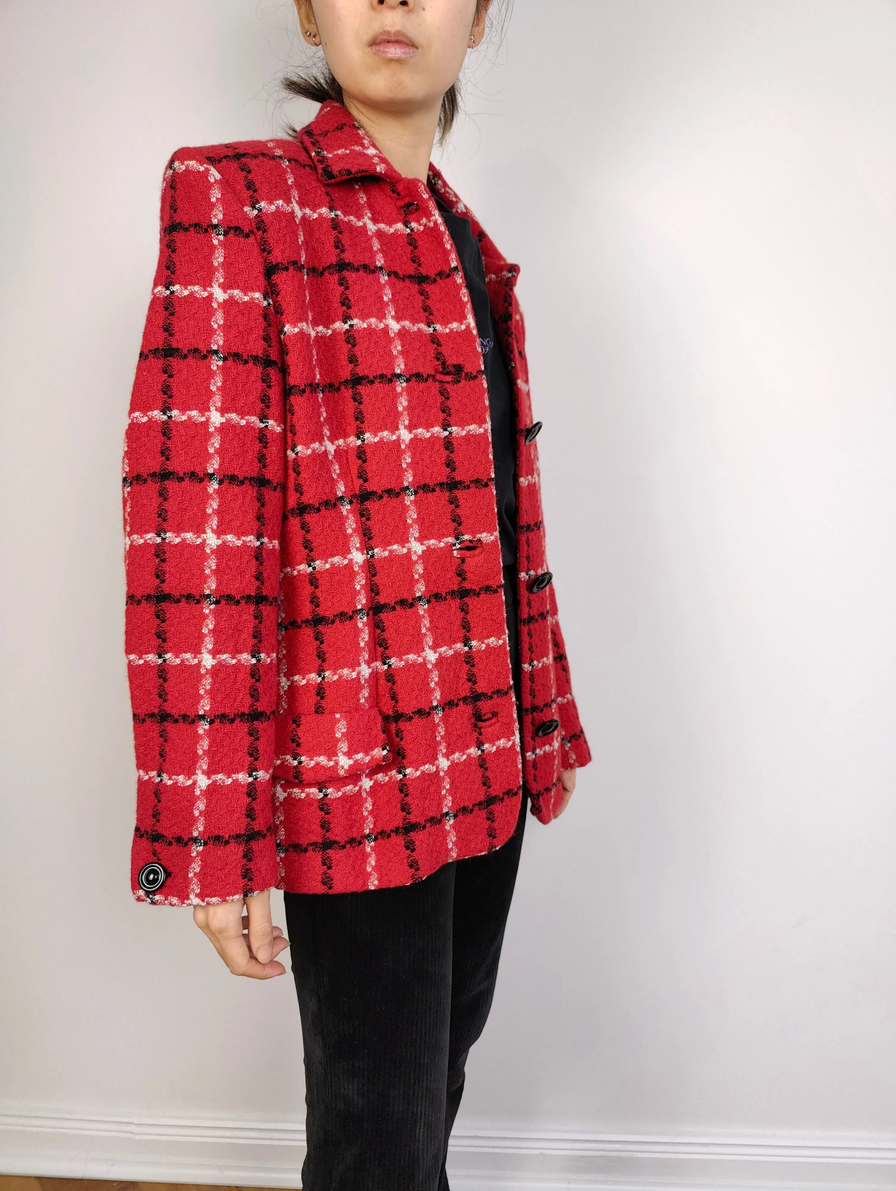 The Red Wool Plaid Blazer | Vintage wool blend jacket red black white tartan check checkered tweed look Italy S