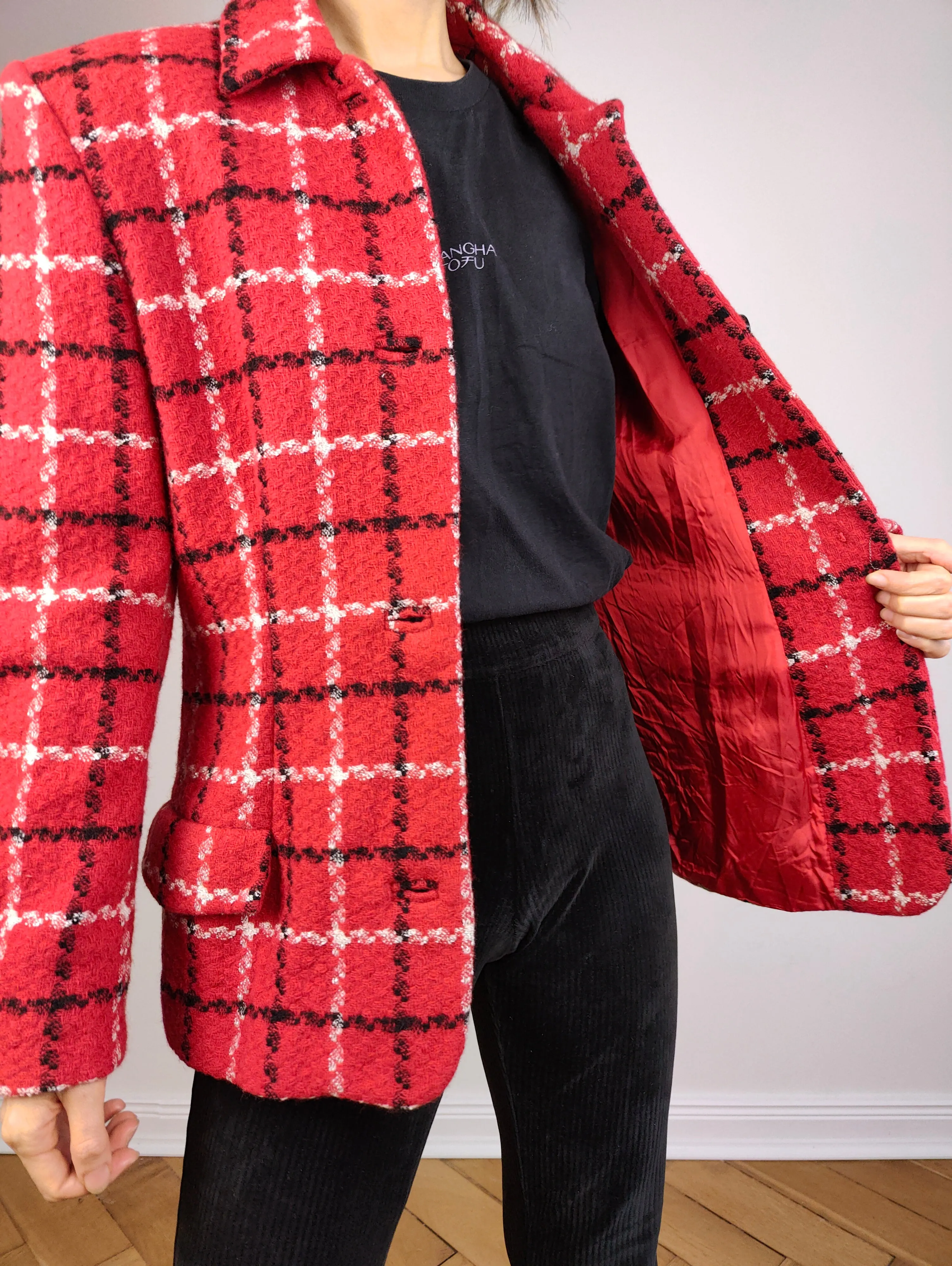 The Red Wool Plaid Blazer | Vintage wool blend jacket red black white tartan check checkered tweed look Italy S