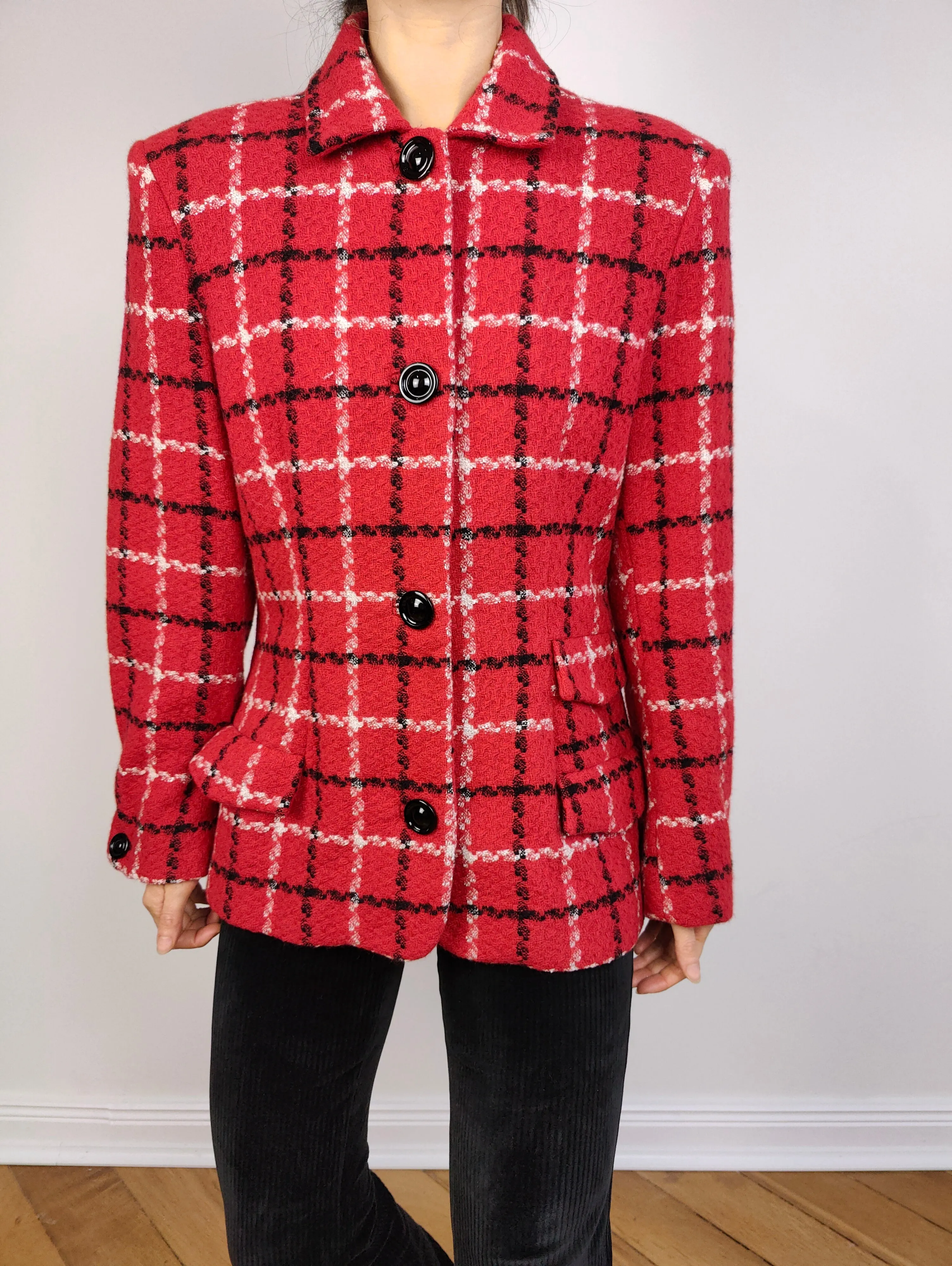 The Red Wool Plaid Blazer | Vintage wool blend jacket red black white tartan check checkered tweed look Italy S