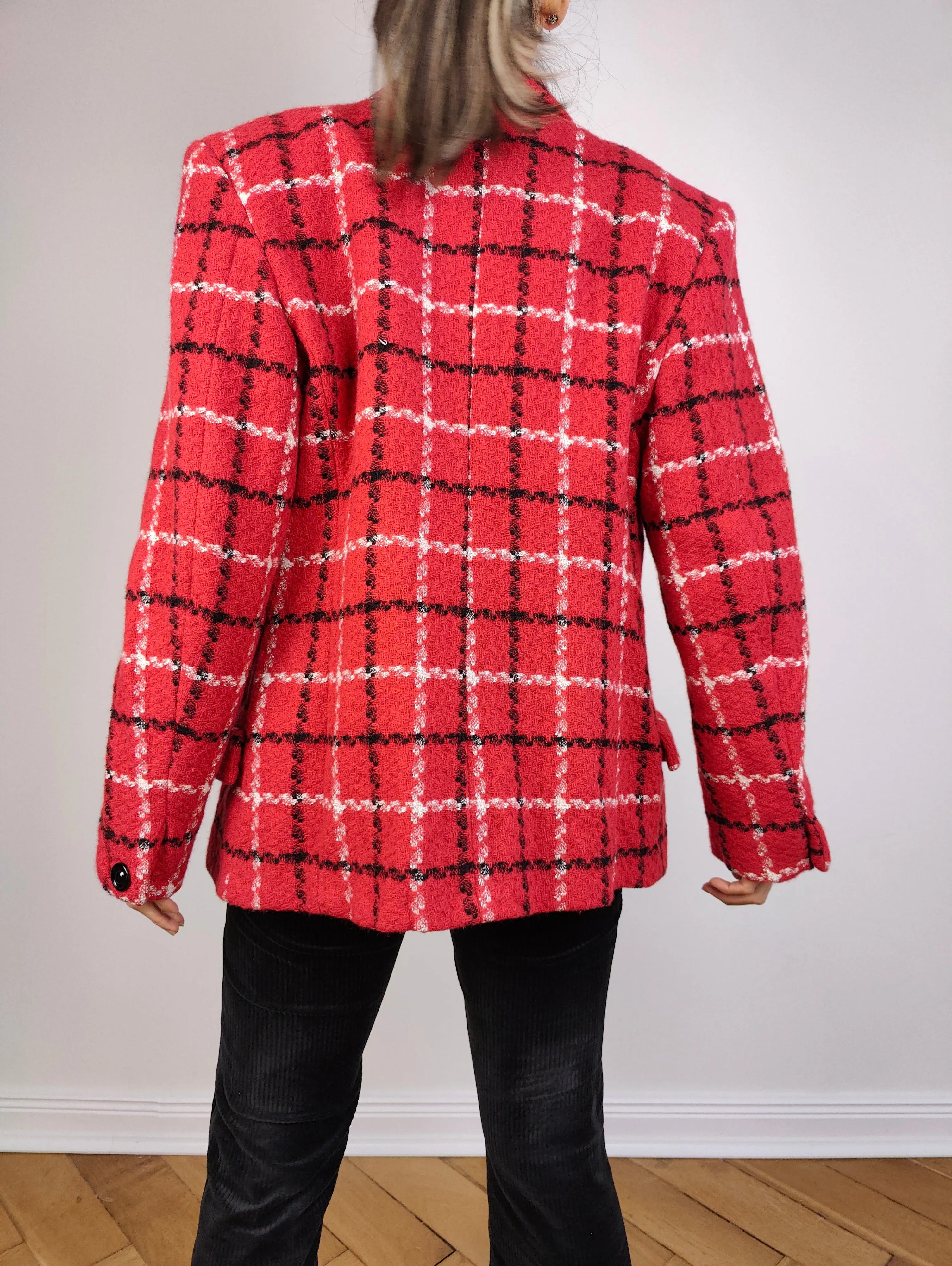 The Red Wool Plaid Blazer | Vintage wool blend jacket red black white tartan check checkered tweed look Italy S