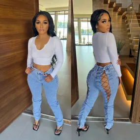 Trendy Casual Lace Up High Waist Blue Denim Pants