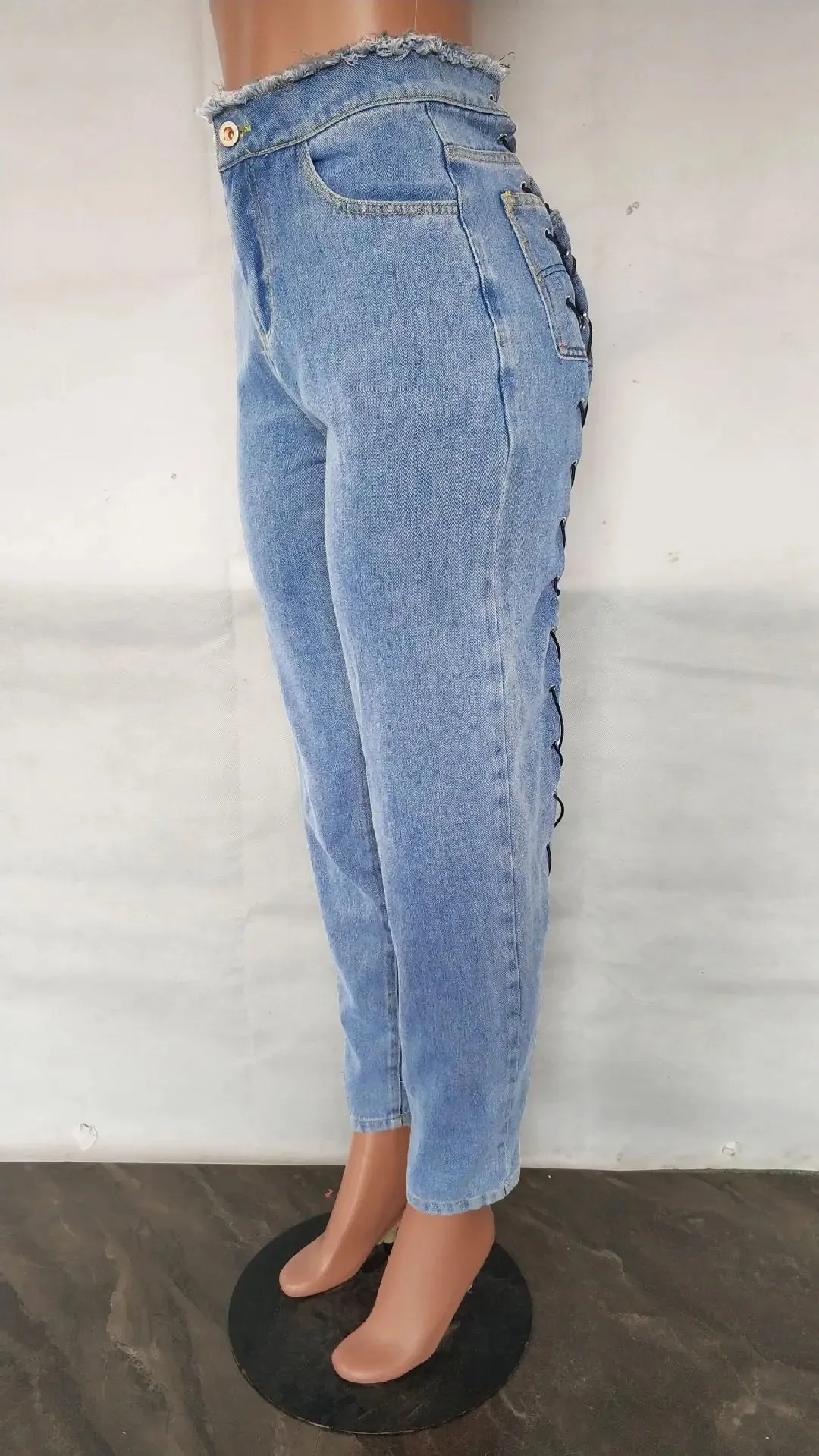 Trendy Casual Lace Up High Waist Blue Denim Pants