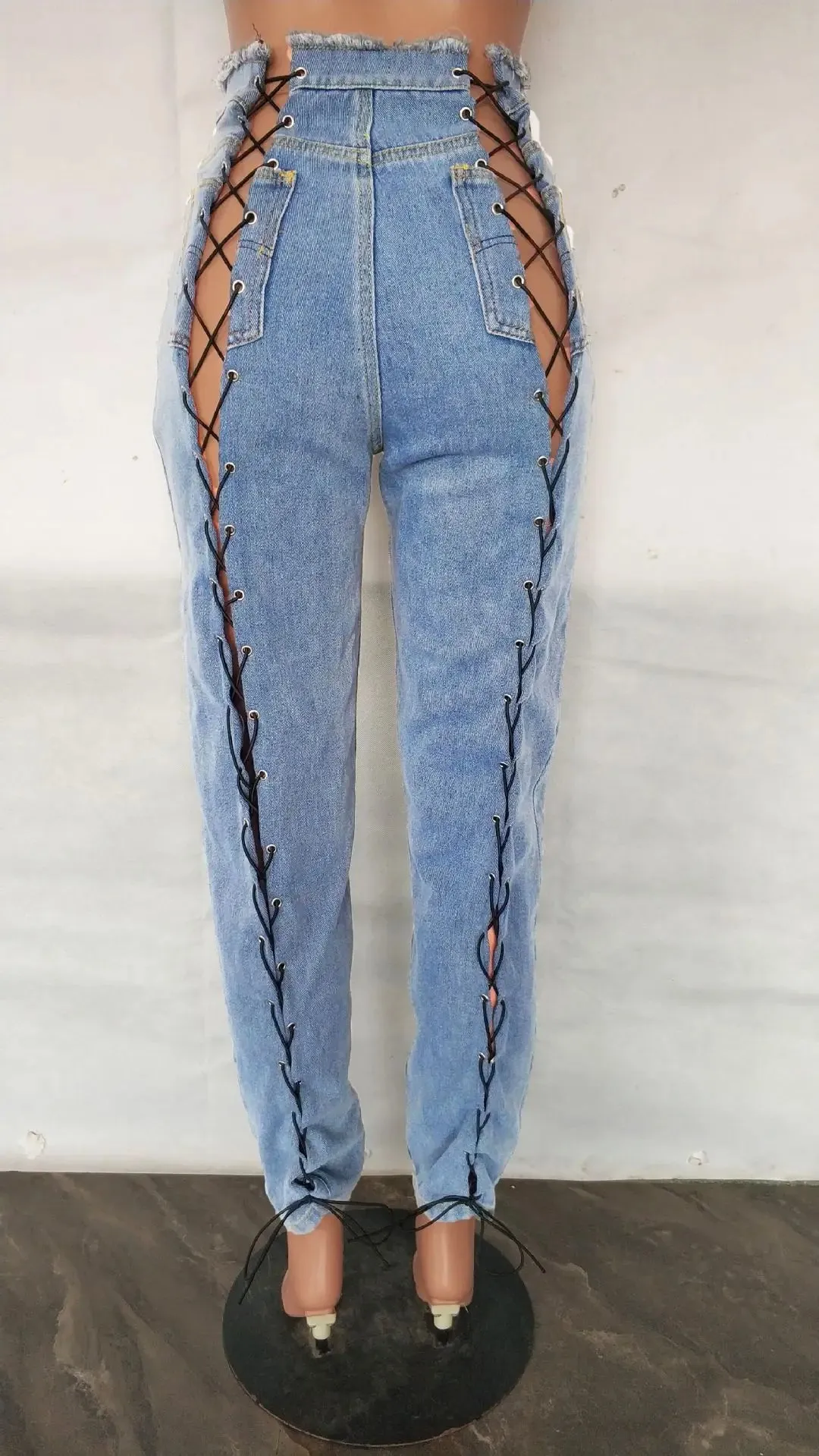 Trendy Casual Lace Up High Waist Blue Denim Pants