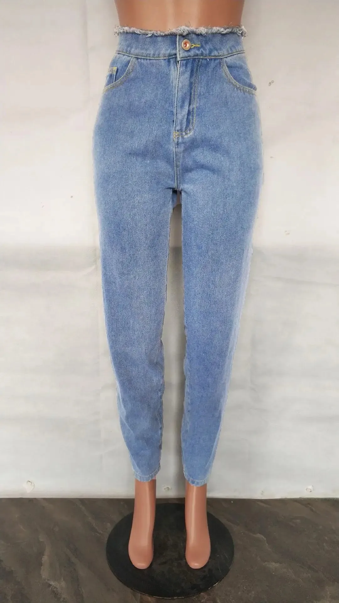Trendy Casual Lace Up High Waist Blue Denim Pants
