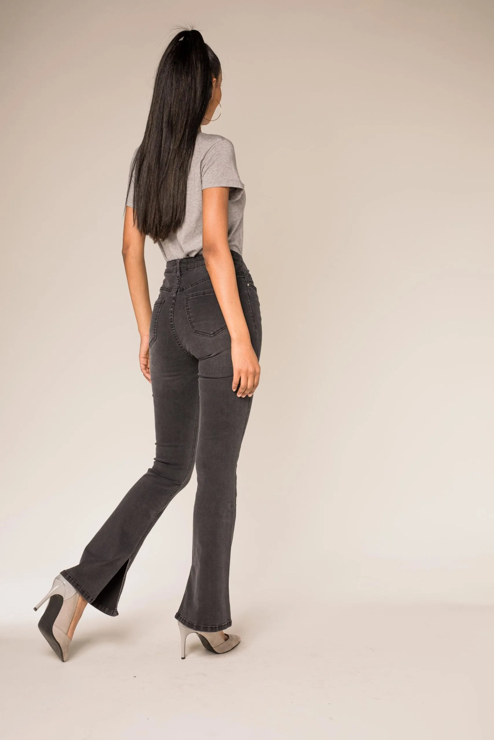 Wholesale Grey High Waist Flared Jeans with Slit at The Bottom of The Leg