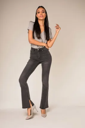 Wholesale Grey High Waist Flared Jeans with Slit at The Bottom of The Leg