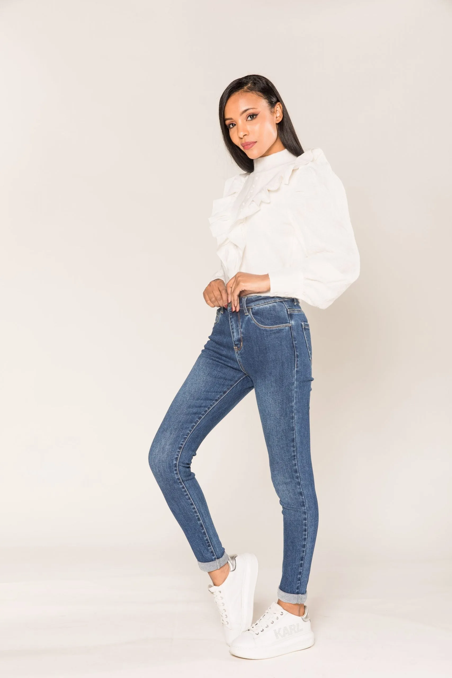 Wholesale Medium Blue Skinny High Waist Jeans with Turn-Up Legs