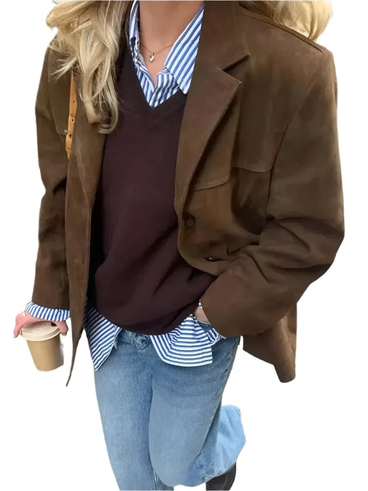 Women's Brown Single-Breasted Blazer – Double Pocket, Long Sleeve Short Coat for Autumn High Street Fashion