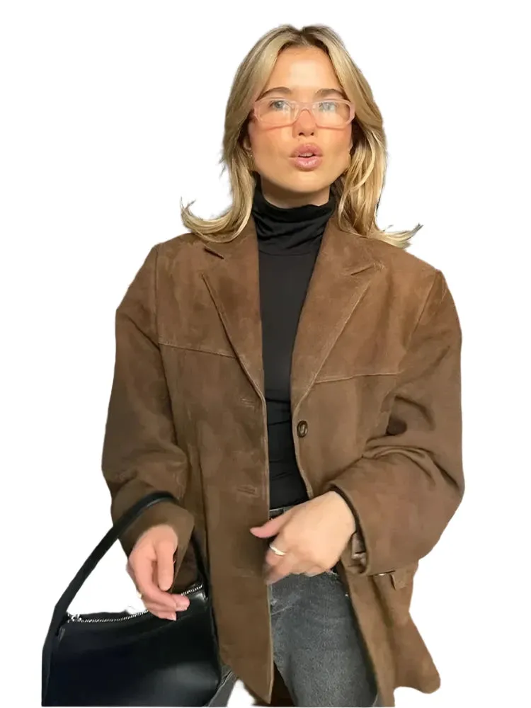 Women's Brown Single-Breasted Blazer – Double Pocket, Long Sleeve Short Coat for Autumn High Street Fashion