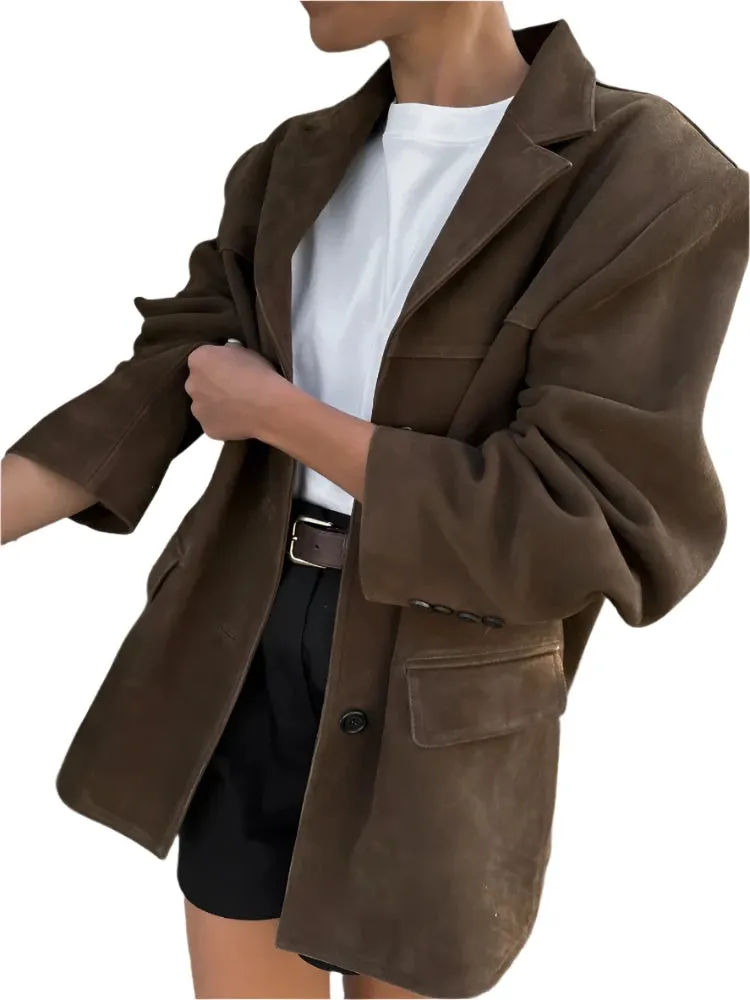 Women's Brown Single-Breasted Blazer – Double Pocket, Long Sleeve Short Coat for Autumn High Street Fashion